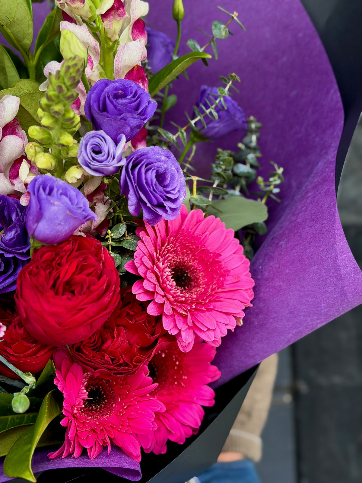 Close-up of Violet Passion bouquet featuring purple lisianthus, red roses, bright pink gerberas and snapdragons in purple and black wrapping, by Quiet Bloom Richmond.