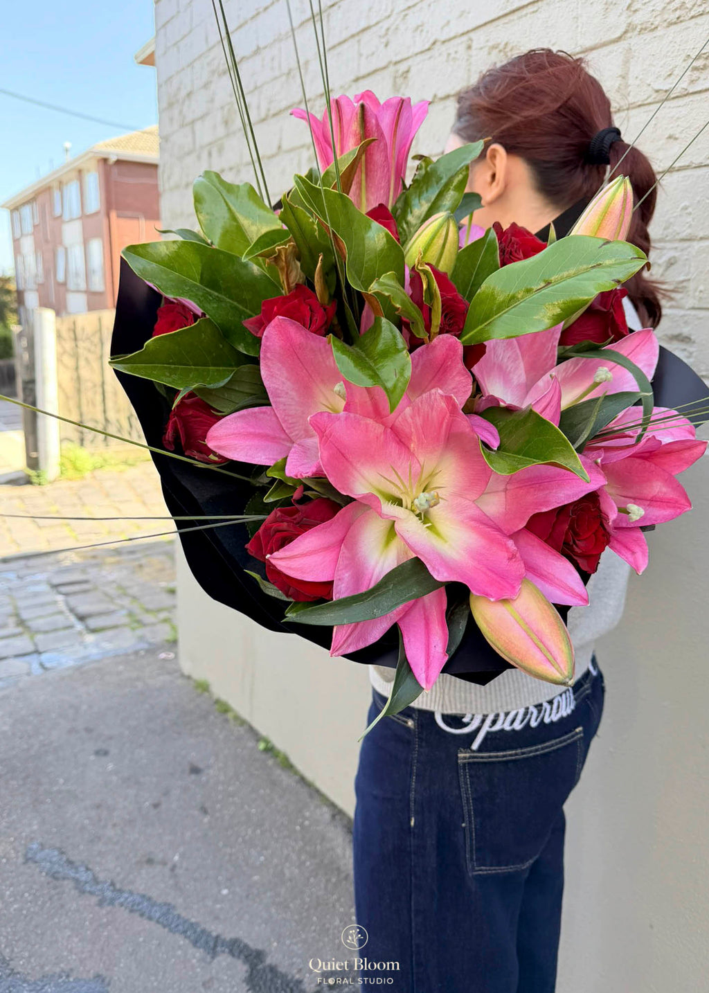 Pink Lily & 10 Premium Red Roses Bouquet