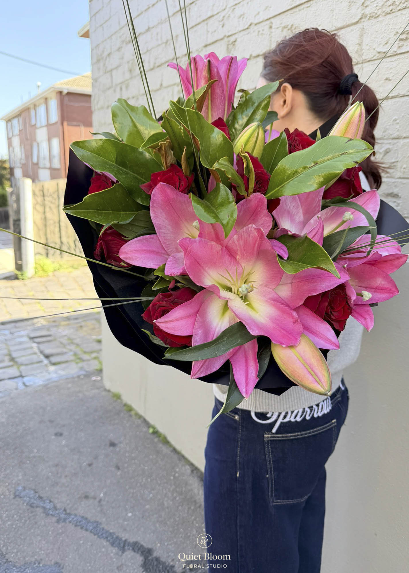 Pink Lily & 10 Premium Red Roses Bouquet