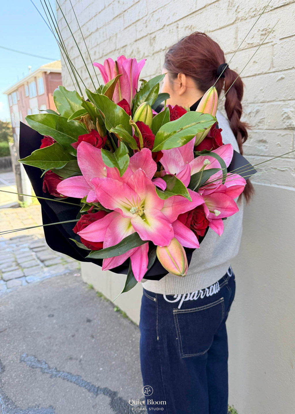 Pink Lily & 10 Premium Red Roses Bouquet