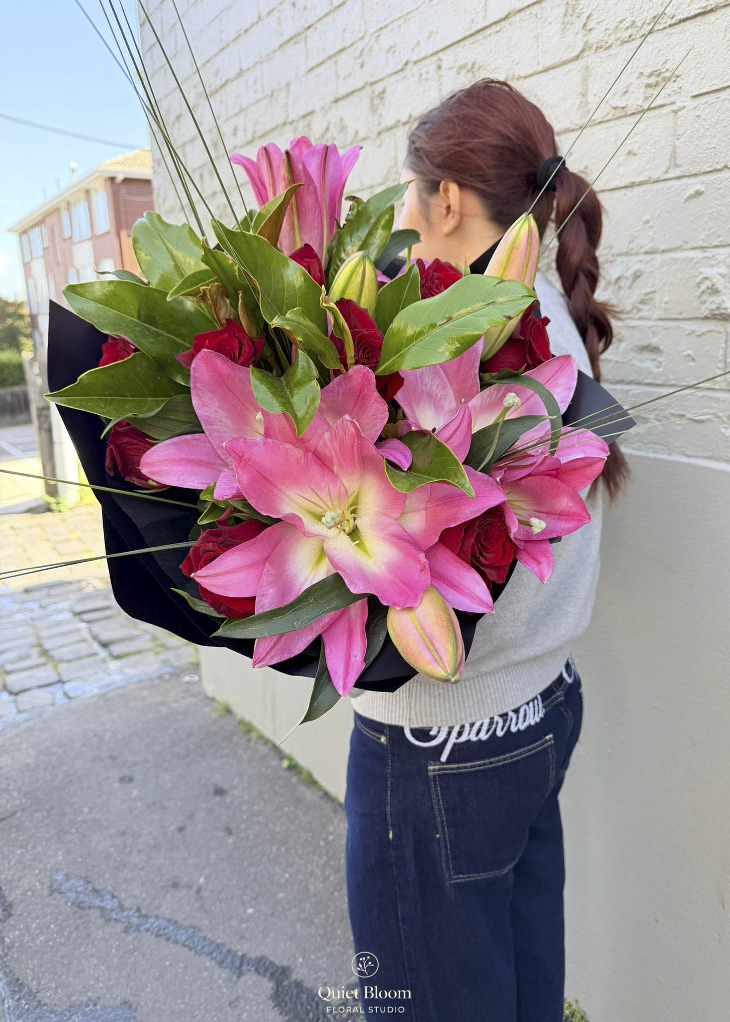 Pink Lily & 10 Premium Red Roses Bouquet