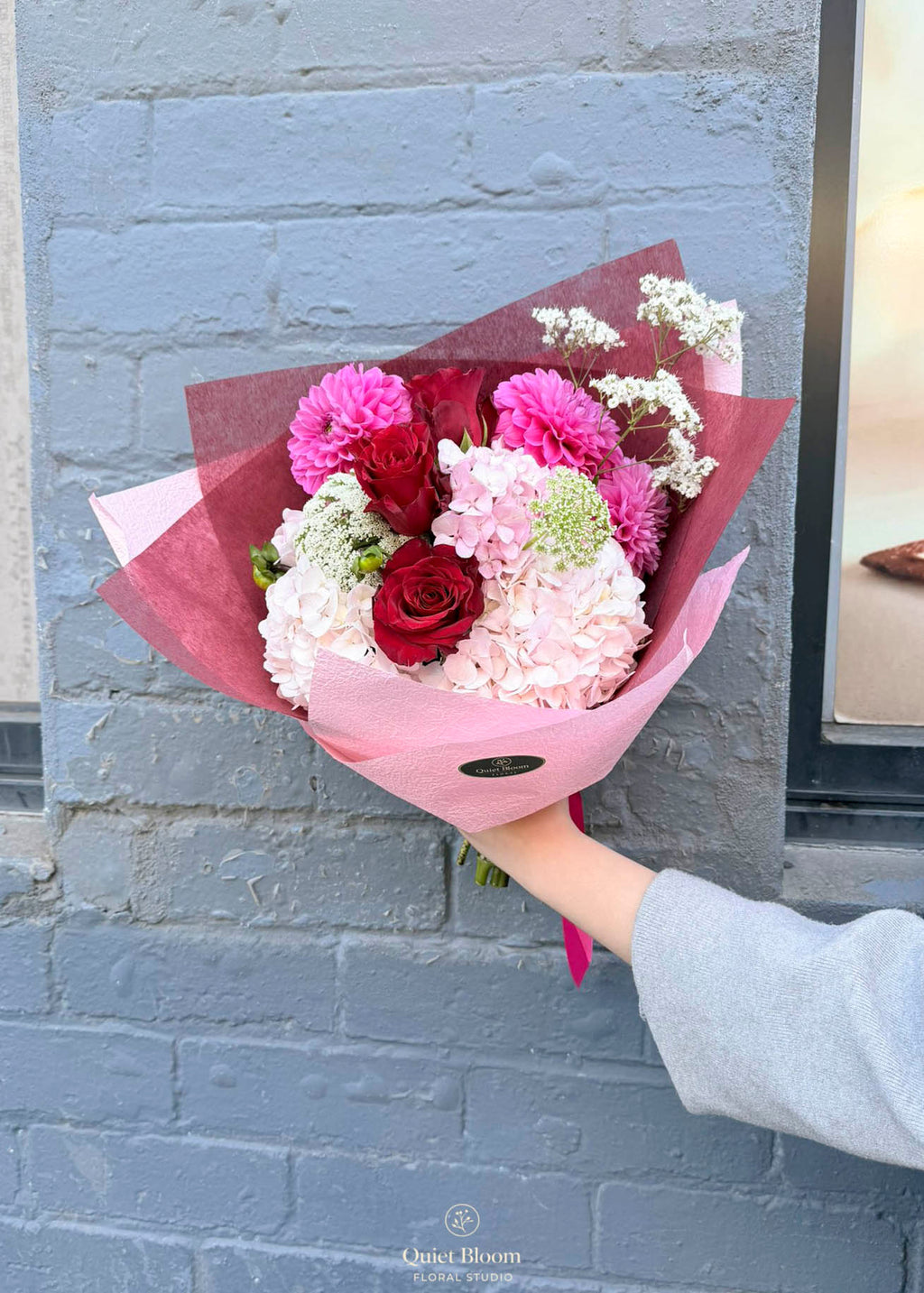 Blush Garden – Red Rose & Pink Hydrangea Bouquet