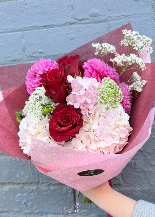 Blush Garden – Red Rose & Pink Hydrangea Bouquet