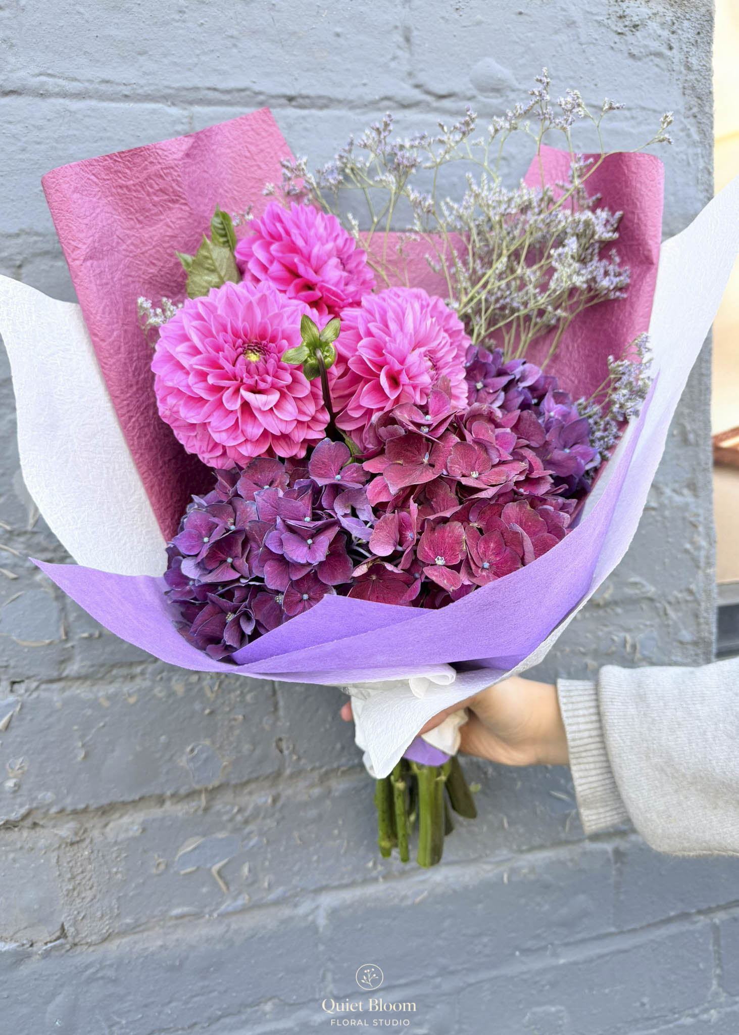 Berry Dahlia & Hydrangea Garden Bouquet