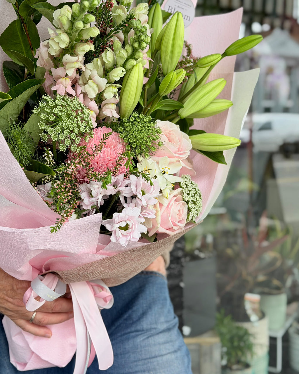 Blush Elegance – Pink Rose & Lily Bouquet