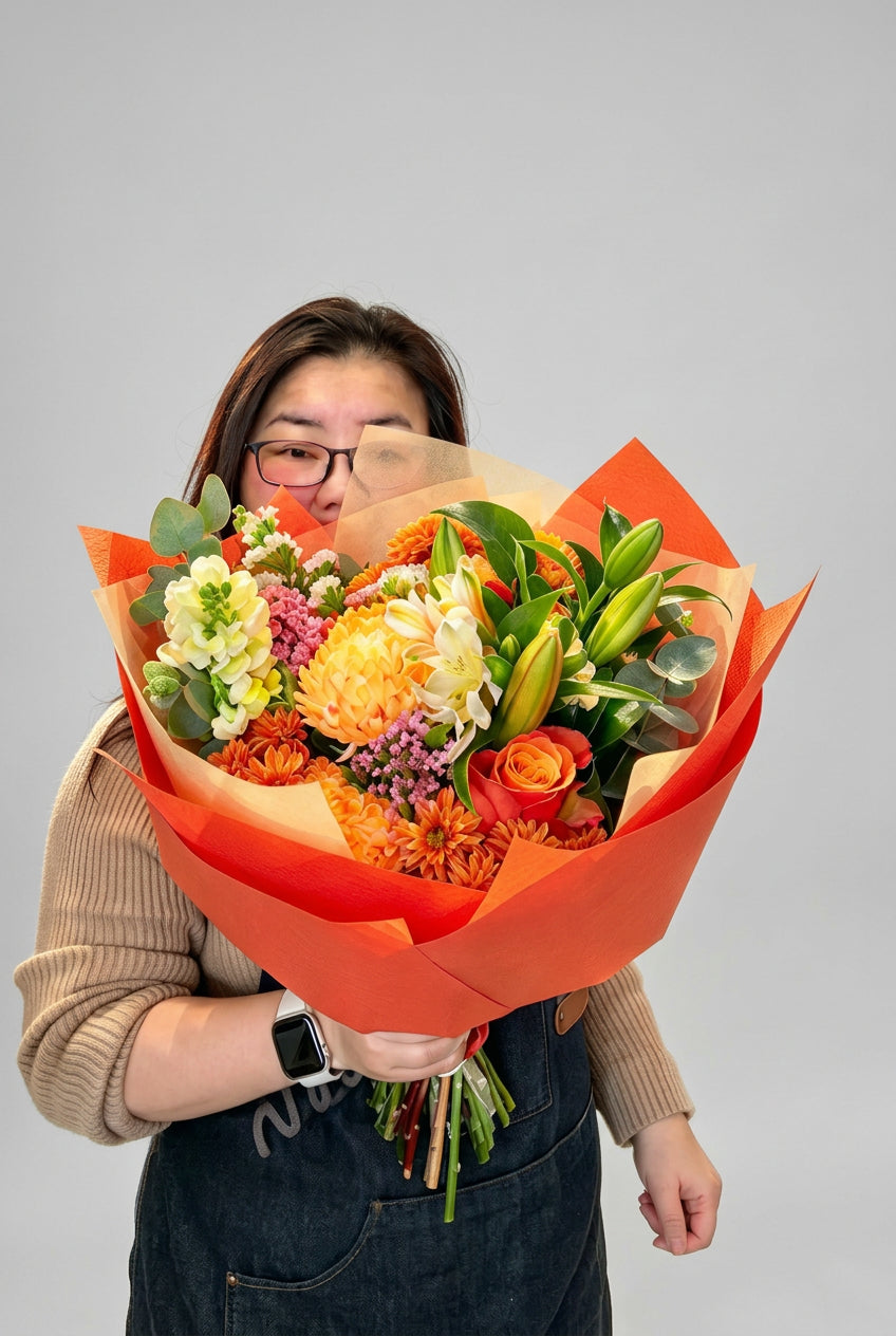 Large orange and yellow flower bouquet with orange roses, golden chrysanthemums, lily buds and seasonal greenery in orange wrapping, handcrafted by Quiet Bloom Richmond.